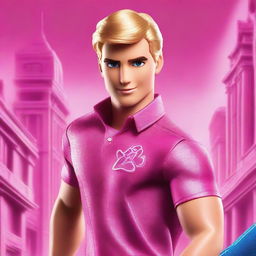 A cinematic poster featuring Ken, the iconic character from the Barbie universe, in a dramatic and adventurous movie setting