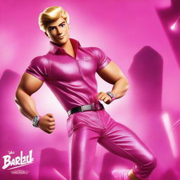 A cinematic poster featuring Ken, the iconic character from the Barbie universe, in a dramatic and adventurous movie setting