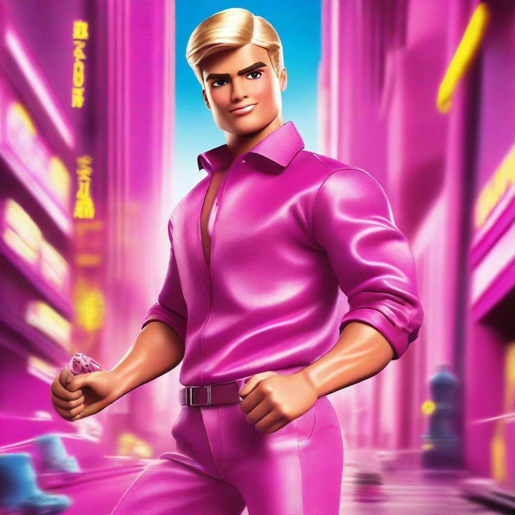 A movie poster featuring Ken, the iconic character from the Barbie universe, in a dramatic and adventurous setting