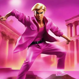 A cinematic poster for 'The Ken Movie,' featuring Ken, the iconic character from the Barbie universe, in a dramatic and adventurous setting