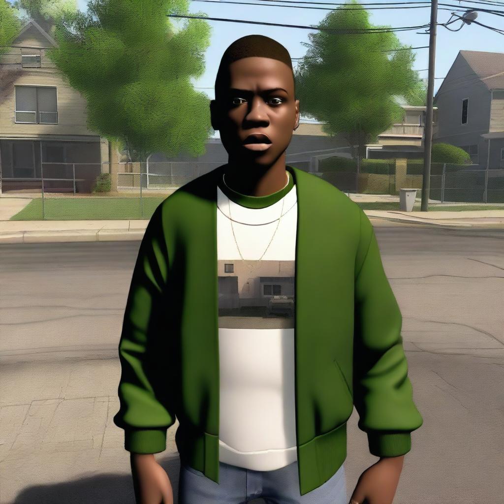 Create an image of CJ from 'Grove Street' looking surprised