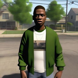 Create an image of CJ from 'Grove Street' looking surprised