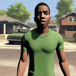 Create an image of CJ from 'Grove Street' looking surprised