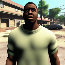 Create an image of CJ from 'Grove Street' looking surprised