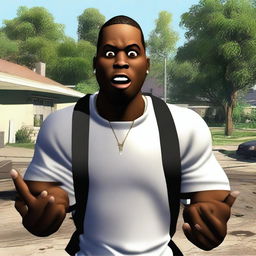 Create an image of CJ from 'Grove Street' looking surprised