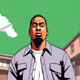 Create an image of CJ from 'Grove Street' looking surprised