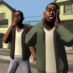 Create an image of CJ from 'Grove Street' looking surprised