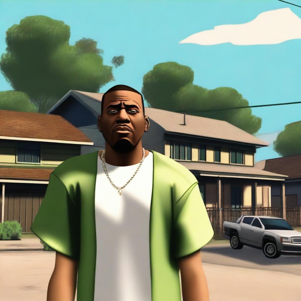 Create an image of CJ from GTA San Andreas looking surprised in the neighborhood of 'Grove Street'