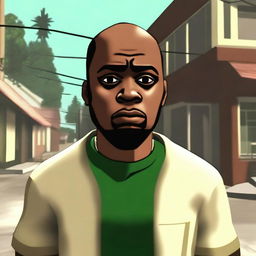 Create an image of CJ from GTA San Andreas looking surprised in the neighborhood of 'Grove Street'