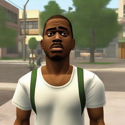 Create an image of CJ from GTA San Andreas looking surprised in the neighborhood of 'Grove Street'