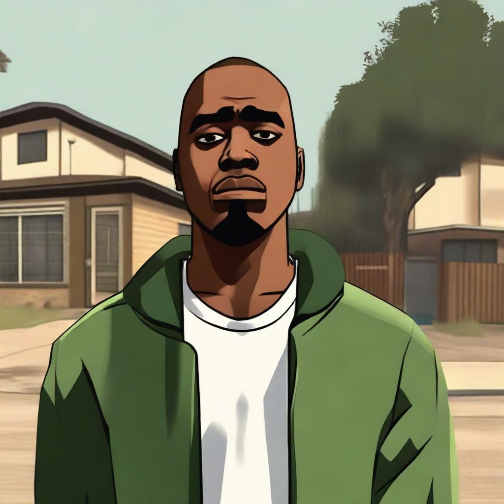 Create an image of CJ from GTA San Andreas looking surprised in the neighborhood of 'Grove Street'