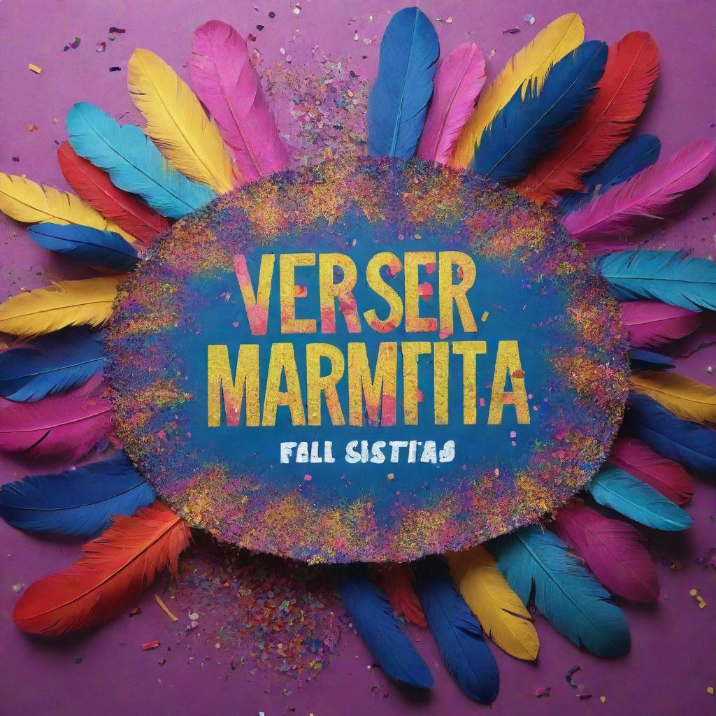 A vibrant carnival banner with the phrase 'Vem ser nossa marmita' written on it, surrounded by colorful feathers and confetti.