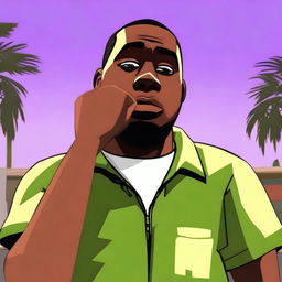 Create an image of CJ from GTA San Andreas looking surprised