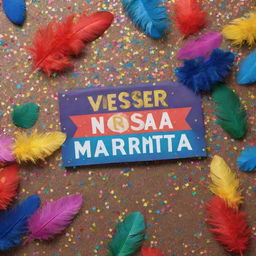 A vibrant carnival banner with the phrase 'Vem ser nossa marmita' written on it, surrounded by colorful feathers and confetti.