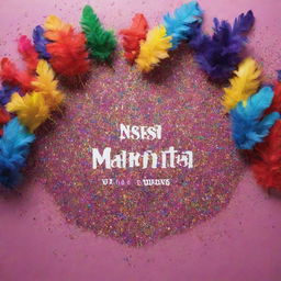 A vibrant carnival banner with the phrase 'Vem ser nossa marmita' written on it, surrounded by colorful feathers and confetti.