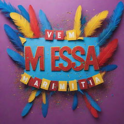 A vibrant carnival banner with the phrase 'Vem ser nossa marmita' written on it, surrounded by colorful feathers and confetti.