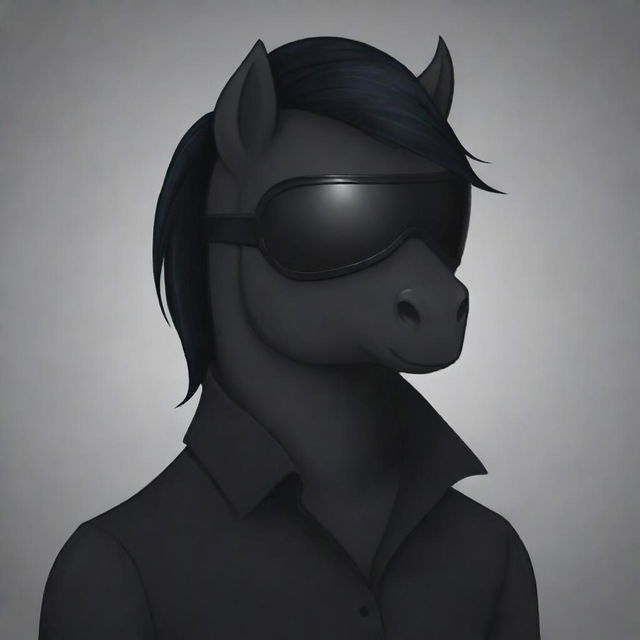 An animated, masculine dark pony, wearing a black blindfold, drawn in the style of My Little Pony.