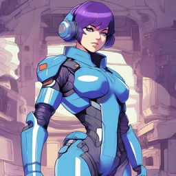 A very muscular mech pilot girl with short purple hair and blue eyes, standing tall with a smug expression