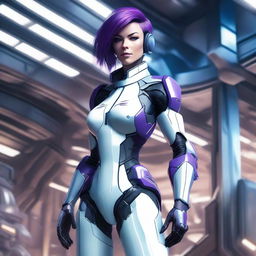 A very muscular mech pilot girl with short purple hair and blue eyes, standing tall with a smug expression