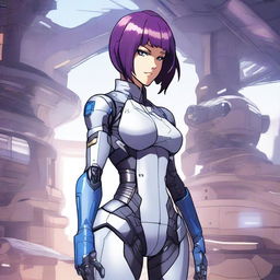 A very muscular mech pilot girl with short purple hair and blue eyes, standing tall with a smug expression