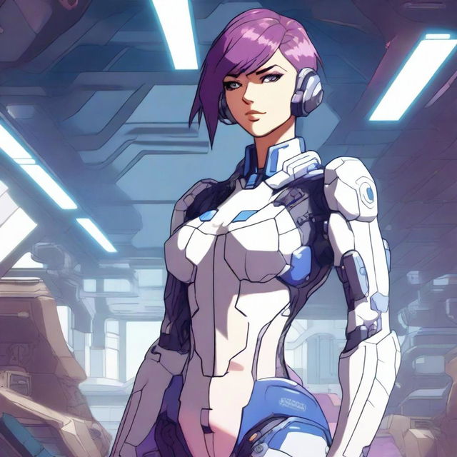 A very muscular mech pilot girl with short purple hair and blue eyes, standing tall with a smug expression