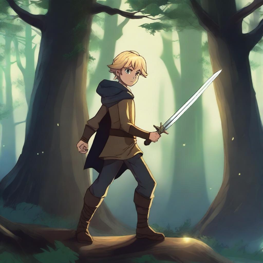 A blonde boy holding a dark sword, standing in a heroic pose