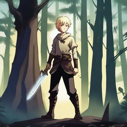 A blonde boy holding a dark sword, standing in a heroic pose