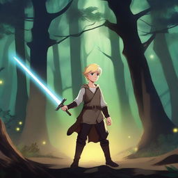 A blonde boy holding a dark sword, standing in a heroic pose