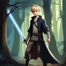 A blonde boy holding a dark sword, standing in a heroic pose