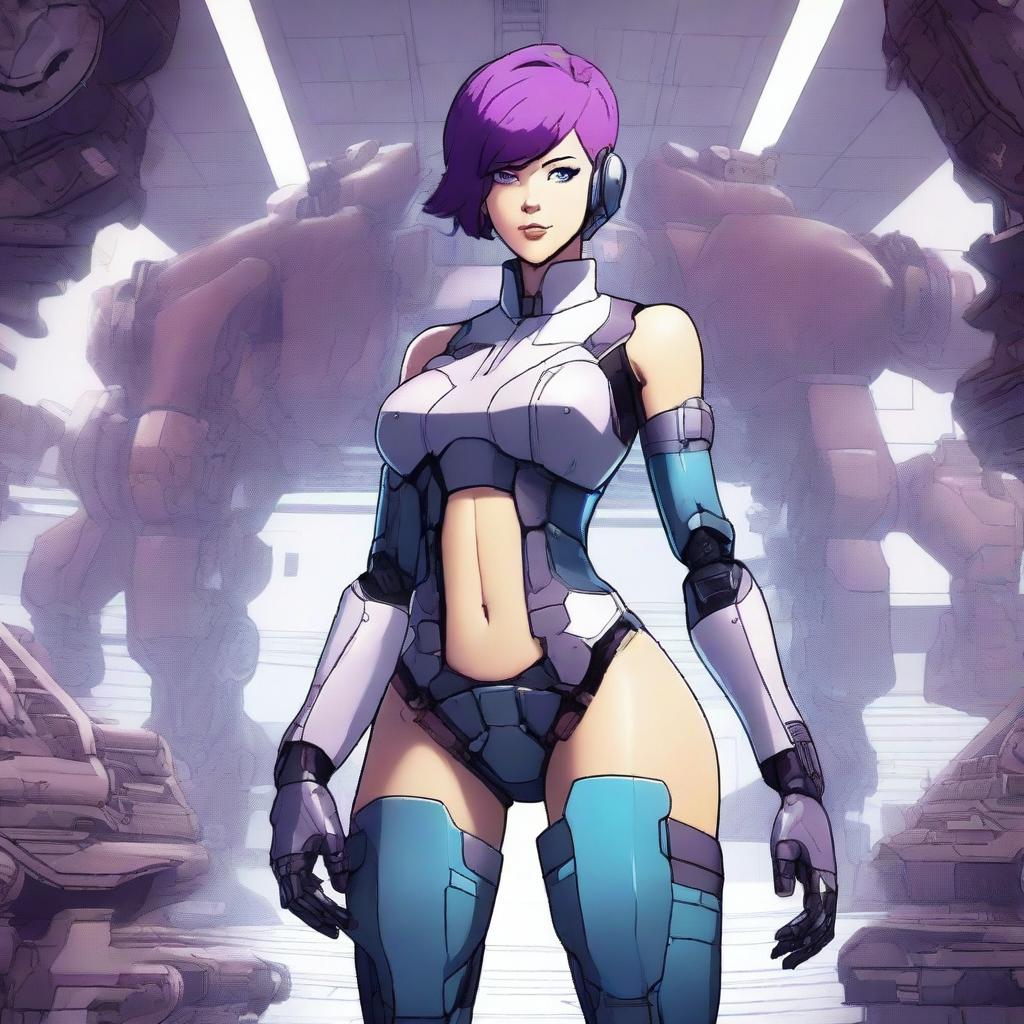 A very tall and muscular girl with short purple hair and blue eyes, standing confidently as a mech pilot