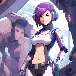 A very tall and muscular girl with short purple hair and blue eyes, standing confidently as a mech pilot