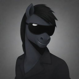 An animated, masculine dark pony, wearing a black blindfold, drawn in the style of My Little Pony.