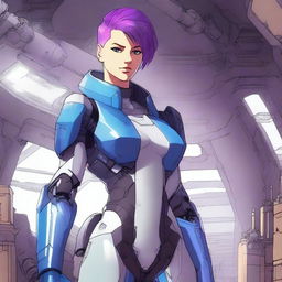 A very tall and muscular girl with short purple hair and blue eyes, standing confidently as a mech pilot