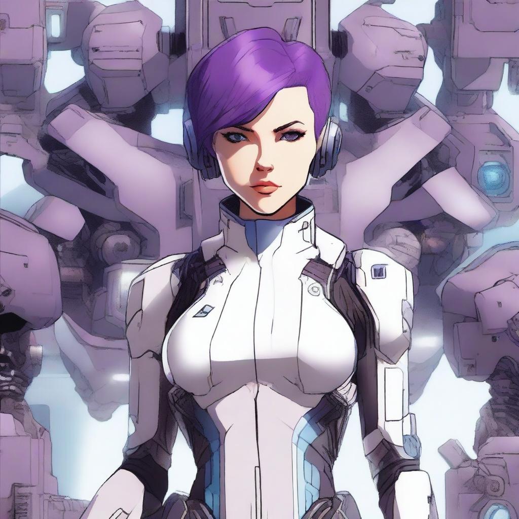 A very tall and muscular girl with short purple hair and blue eyes, standing confidently as a mech pilot