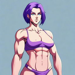 A very tall and muscular girl with broad shoulders and defined muscles, short purple hair, and blue eyes