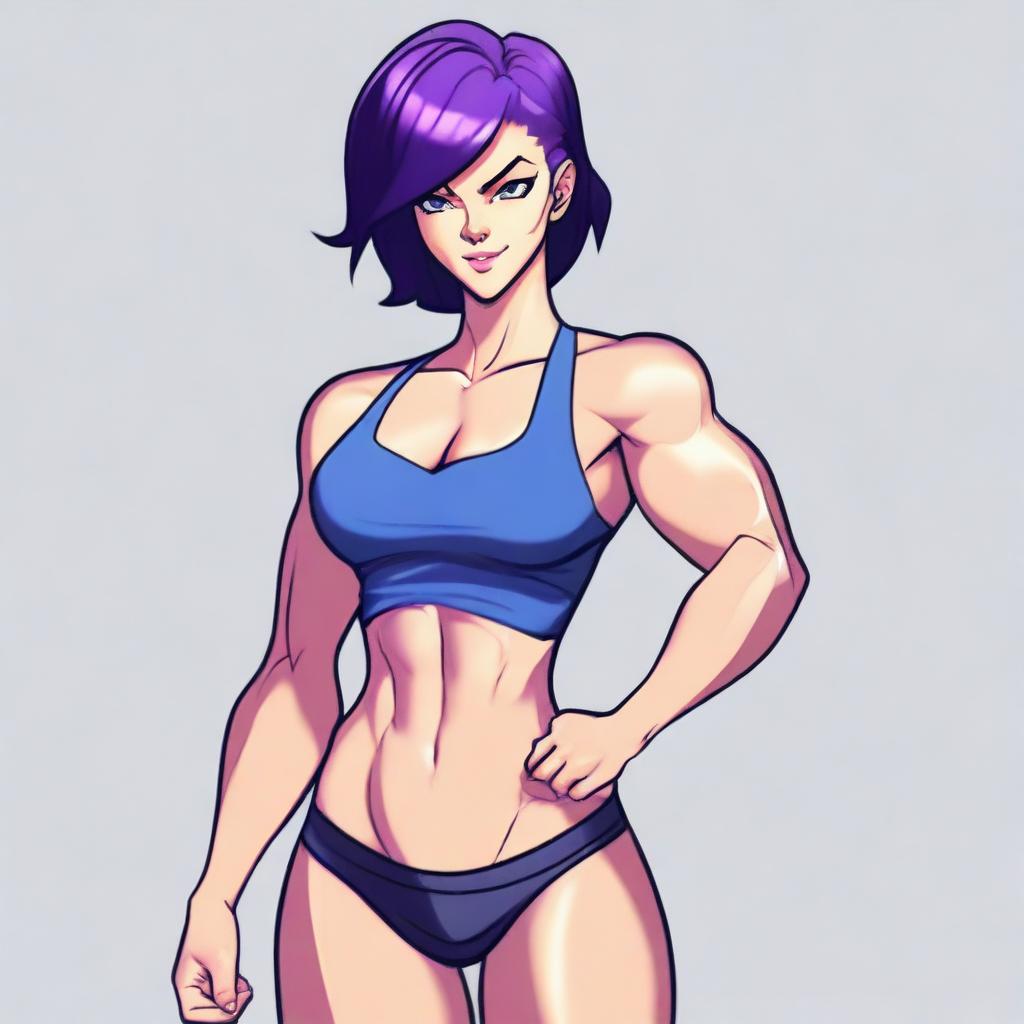 A very tall and muscular girl with broad shoulders and defined muscles, short purple hair, and blue eyes