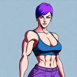 A very tall and muscular girl with broad shoulders and defined muscles, short purple hair, and blue eyes