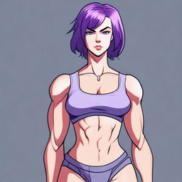 A very tall and muscular girl with broad shoulders and defined muscles, short purple hair, and blue eyes