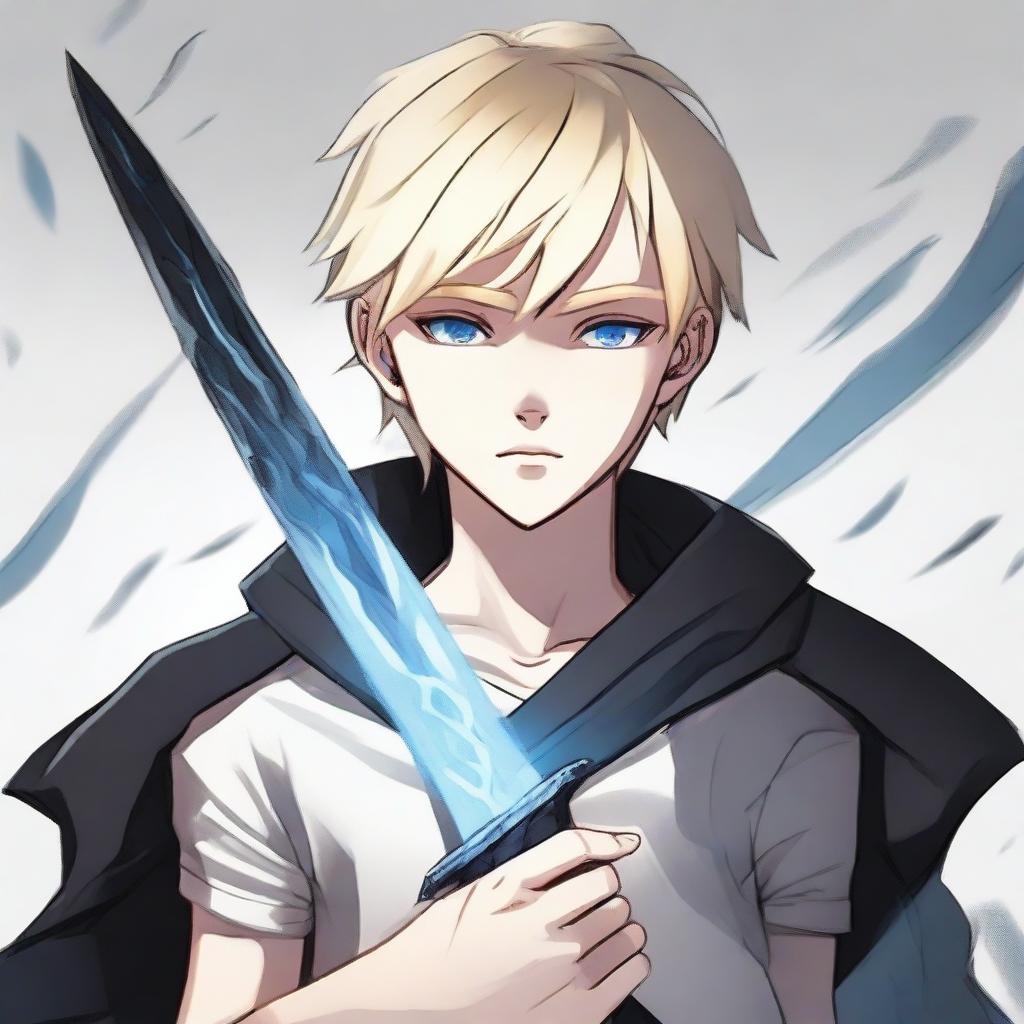 A tall and handsome blonde boy holding a scary black blade