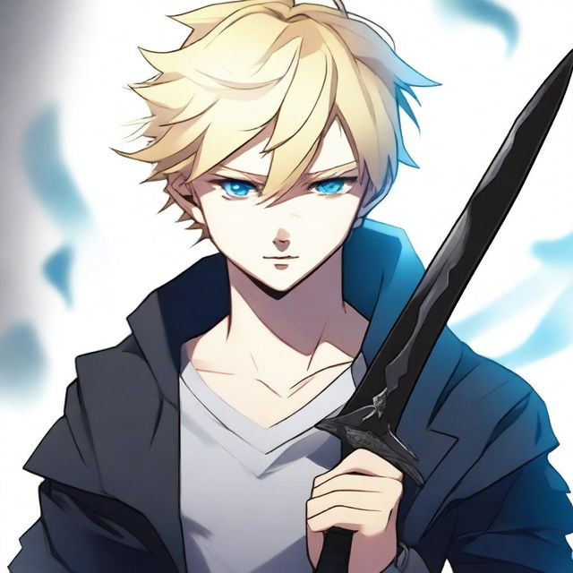 A tall and handsome blonde boy holding a scary black blade