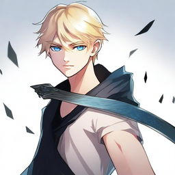 A tall and handsome blonde boy holding a scary black blade