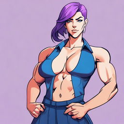 A very tall and muscular girl with broad shoulders and defined muscles, short purple hair, and blue eyes