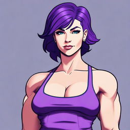 A very tall and muscular girl with broad shoulders and defined muscles, short purple hair, and blue eyes