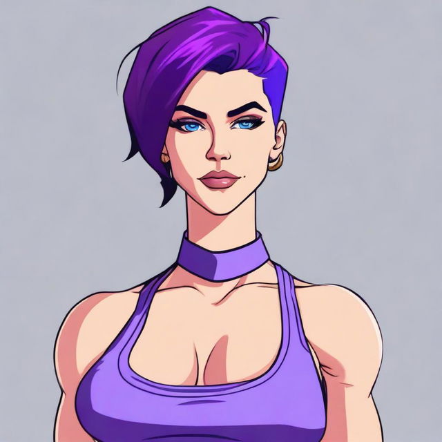 A very tall and muscular girl with broad shoulders and defined muscles, short purple hair, and blue eyes