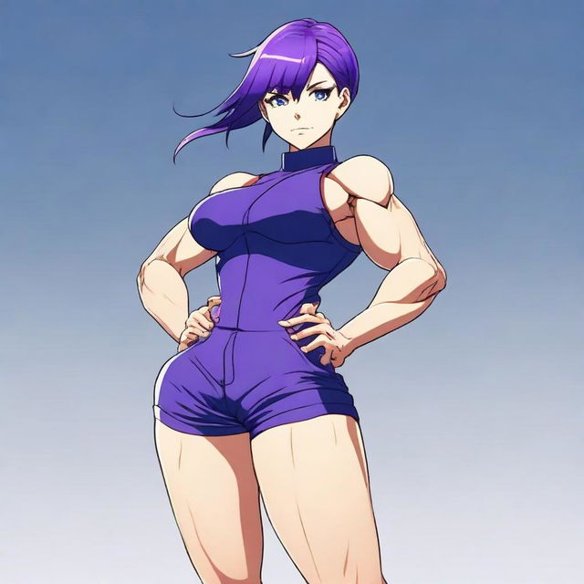 A very tall and muscular girl with broad shoulders and defined muscles, short purple hair, and blue eyes