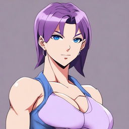 A very tall and muscular girl with broad shoulders and defined muscles, short purple hair, and blue eyes