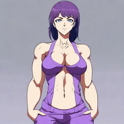 A very tall and muscular girl with broad shoulders and defined muscles, short purple hair, and blue eyes