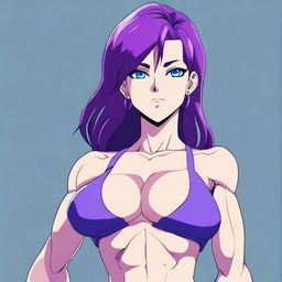 A very tall and muscular girl with broad shoulders and defined muscles, short purple hair, and blue eyes