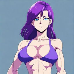 A very tall and muscular girl with broad shoulders and defined muscles, short purple hair, and blue eyes