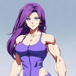 A very tall and muscular girl with broad shoulders and defined muscles, shoulder-length purple hair, and blue eyes